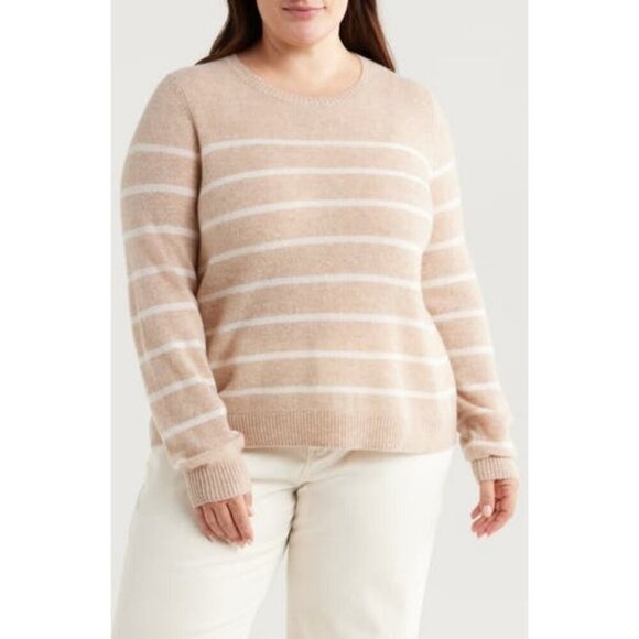 💕CASLON💕 Stripe Crewneck Cashmere Sweater ~ Tan Doeskin Heather Stacy 1X NWT - Picture 1 of 14
